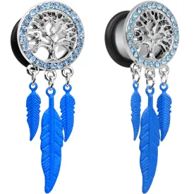 1/2 Blue Gem Steel Single Flare Tree of Life Dangle Plug Set