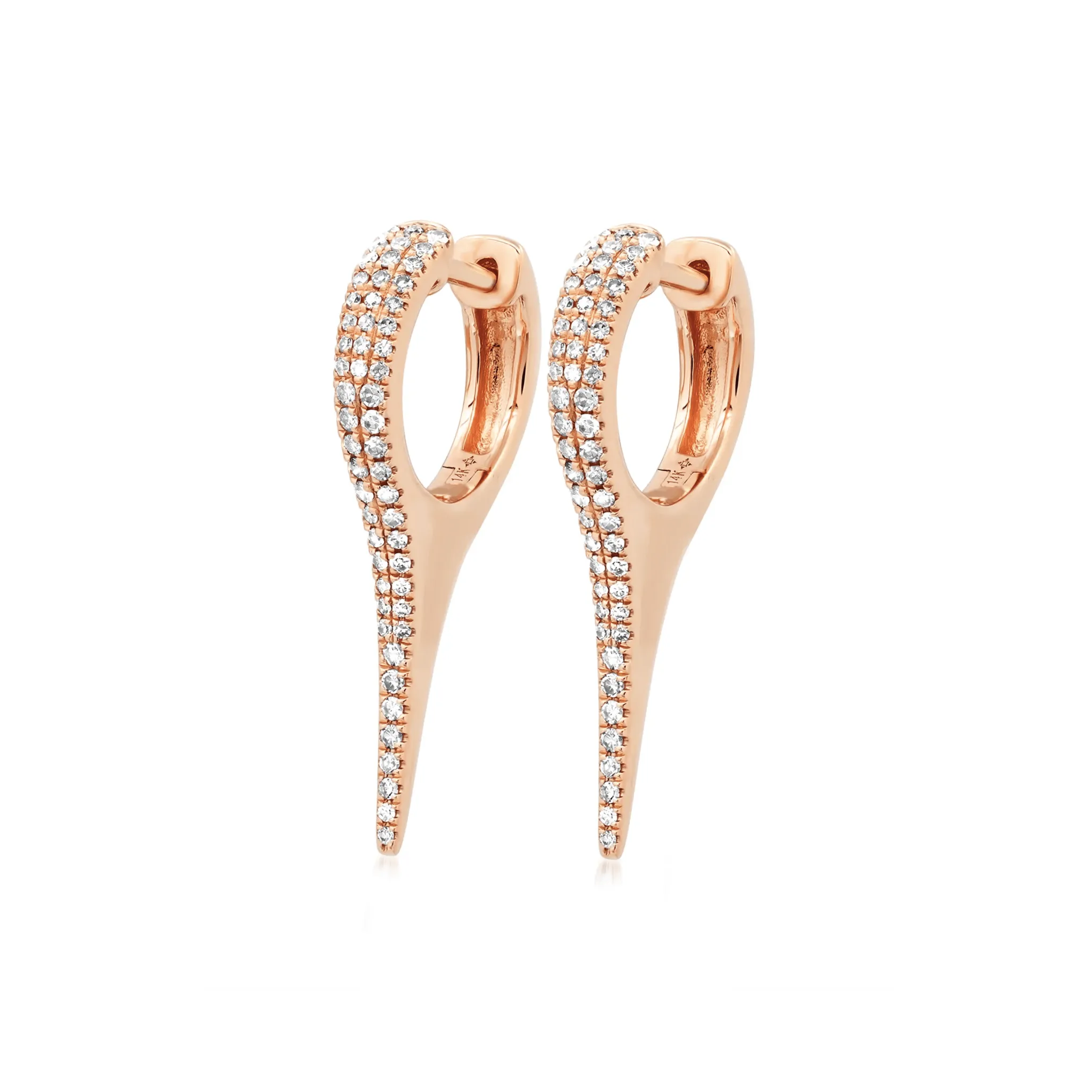 14K Gold and "Pave" Diamond Dagger Hoops Earrings, Large