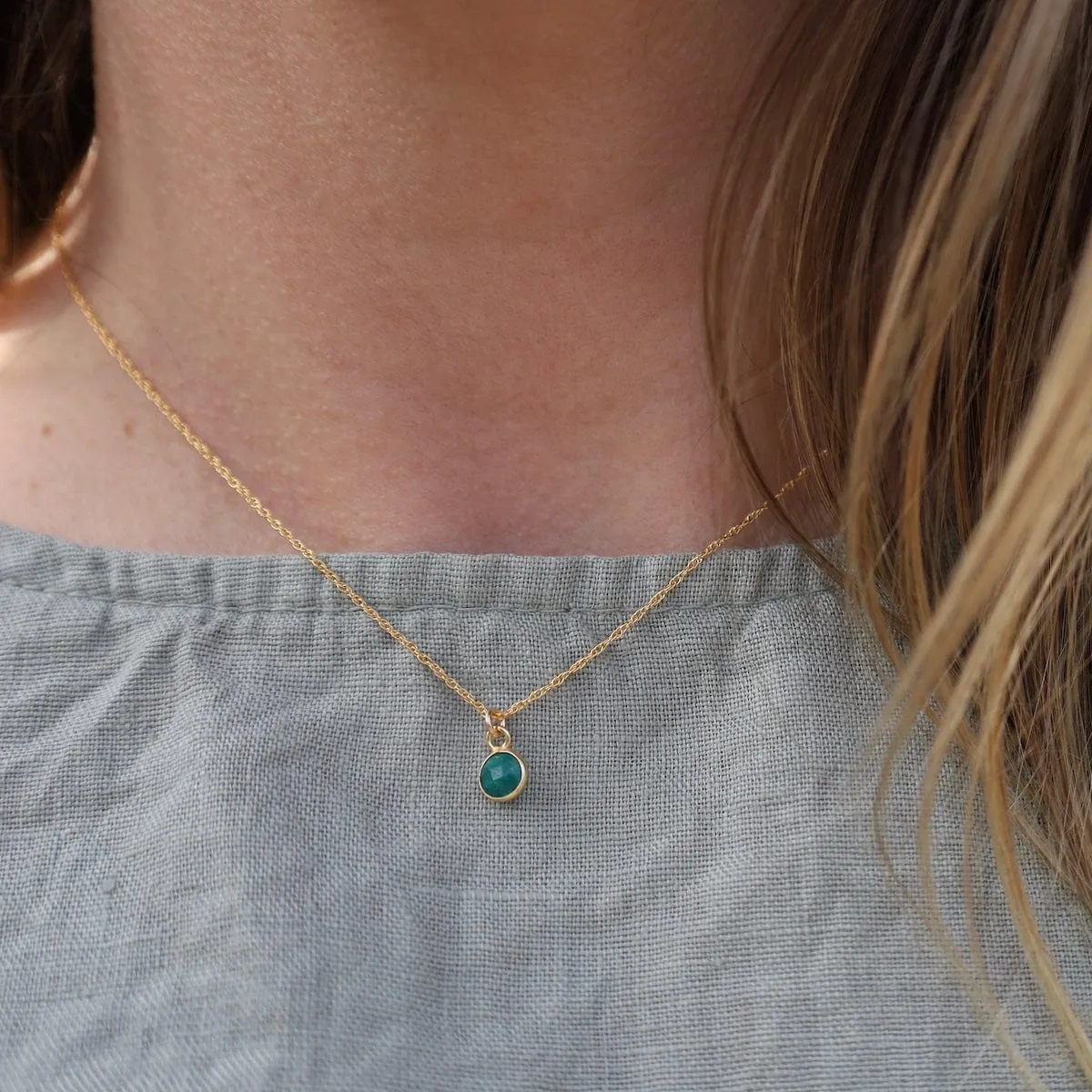 14k Gold Filled Chain with 6mm Bezel-Set Green Chalcedony