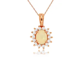 14K Rose Gold Opal with Diamond Halo Necklace