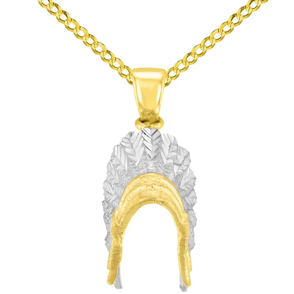 14K Solid Gold War Bonnets Charm Native American Pendant with Cuban Chain Necklace - Yellow Gold