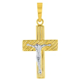 14k Two-Tone Gold Rugged Textured Catholic Cross Crucifix Pendant