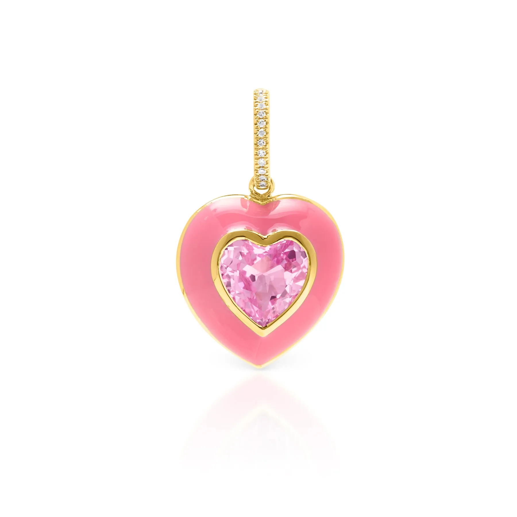 14KT Yellow Gold Pink Topaz Pink Enamel Heart Charm with Diamond Clip on Bail