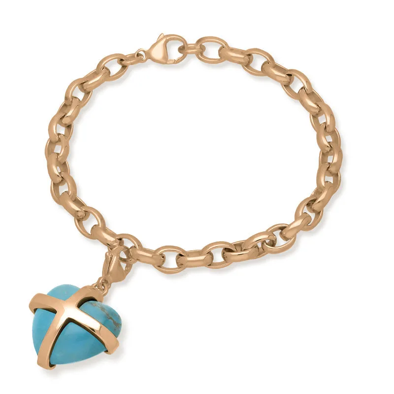 18ct Rose Gold Turquoise Large Cross Heart Charm Bracelet