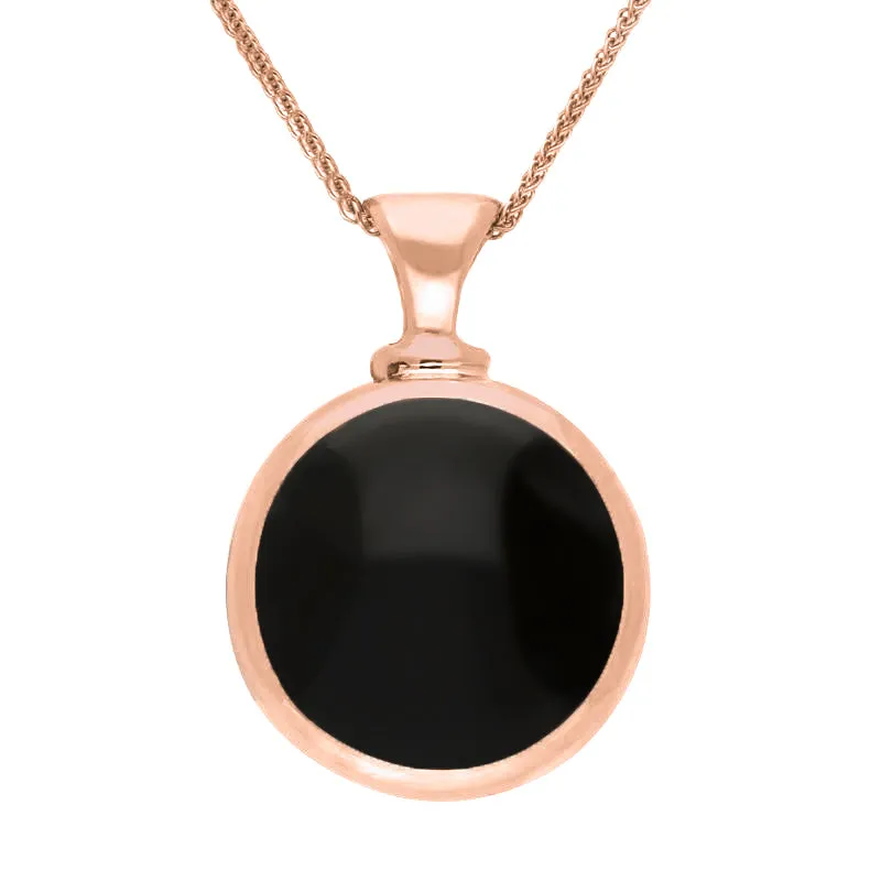 18ct Rose Gold Whitby Jet Aquamarine Double Sided Round Dinky Fob Necklace