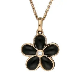 18ct Rose Gold Whitby Jet Diamond Flower Necklace