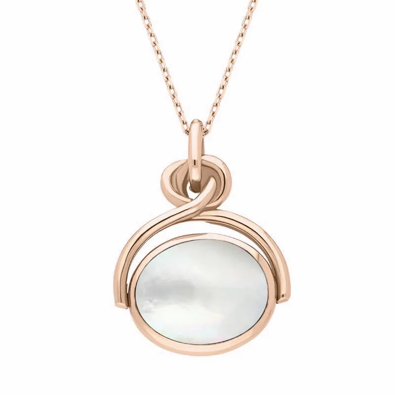 18ct Rose Gold Whitby Jet White Mother of Pearl Oval Swivel Fob Necklace