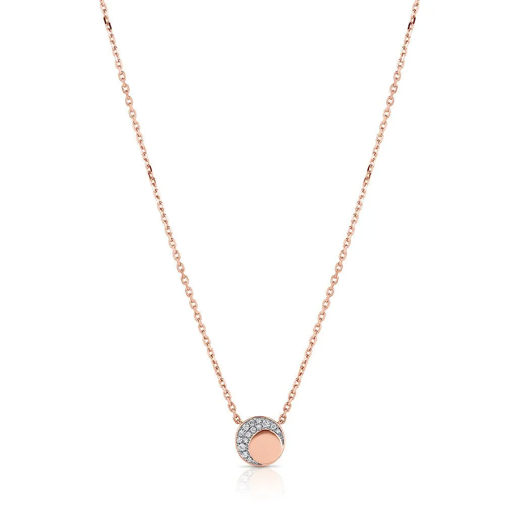 18kt Rose Gold Diamond Round Crescent Moon Pendant Necklace