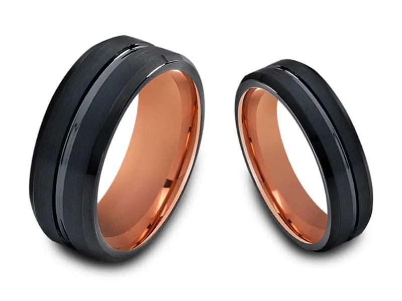 6MM/8MM BLACK Tungsten Wedding Band Set BEVELED EDGES AND ROSE GOLD INTERIOR