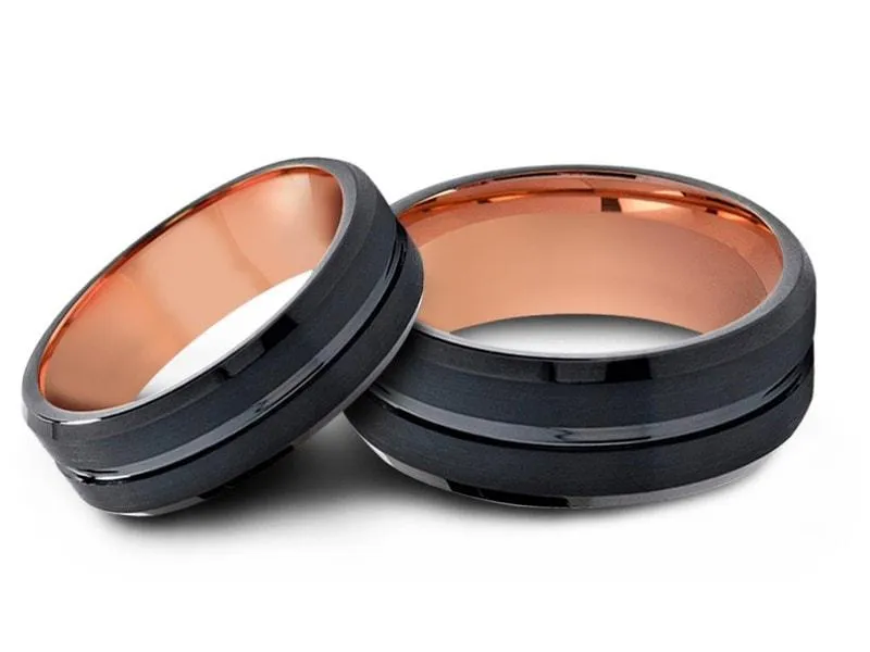 6MM/8MM BLACK Tungsten Wedding Band Set BEVELED EDGES AND ROSE GOLD INTERIOR