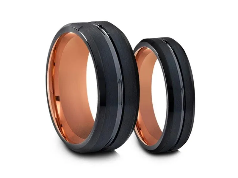 6MM/8MM BLACK Tungsten Wedding Band Set BEVELED EDGES AND ROSE GOLD INTERIOR