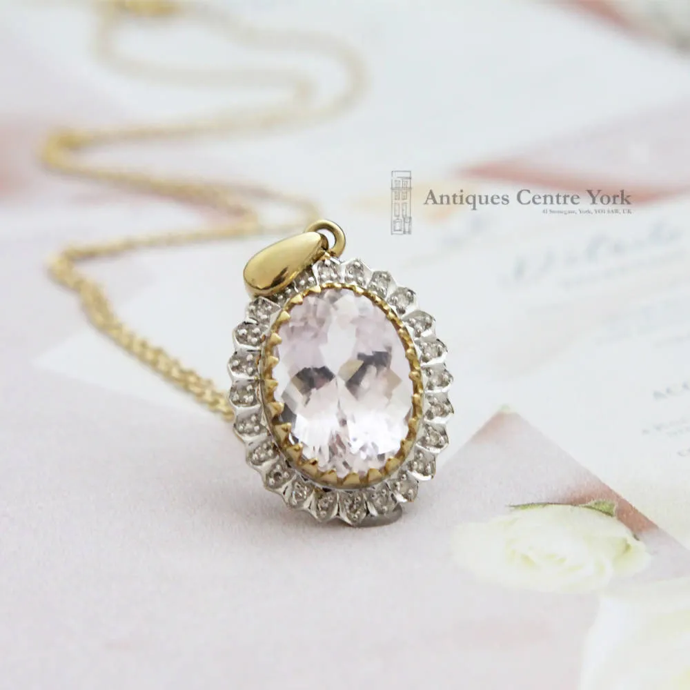 9ct Kunzite & Diamond Oval Cluster Pendant