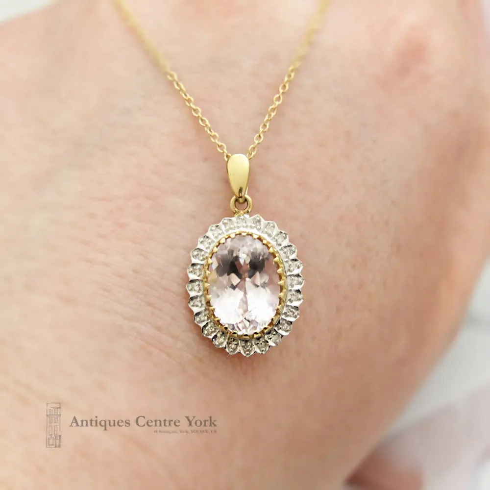 9ct Kunzite & Diamond Oval Cluster Pendant