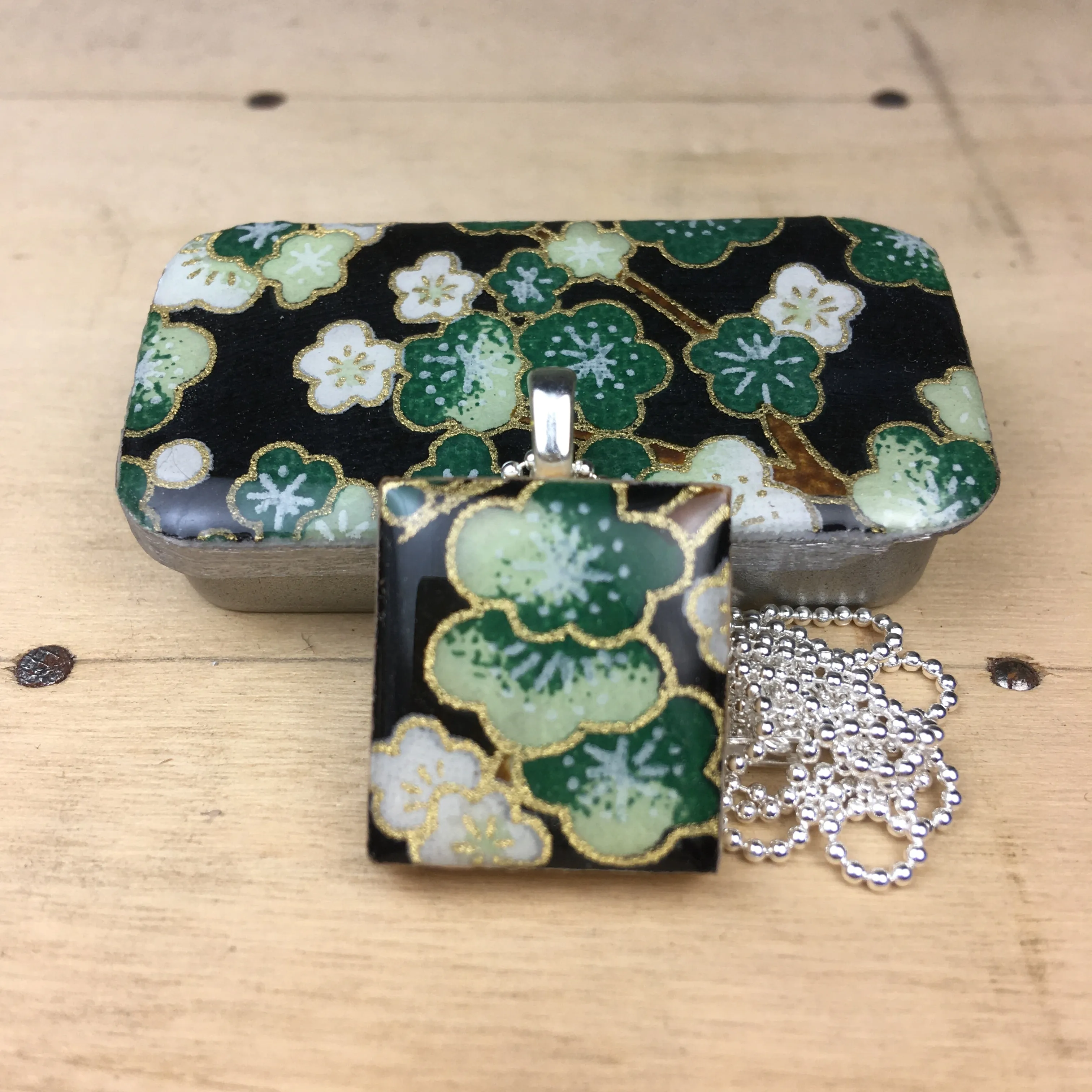 A Scrabble Tile Pendant and Teeny Tiny Tin Sakura Green