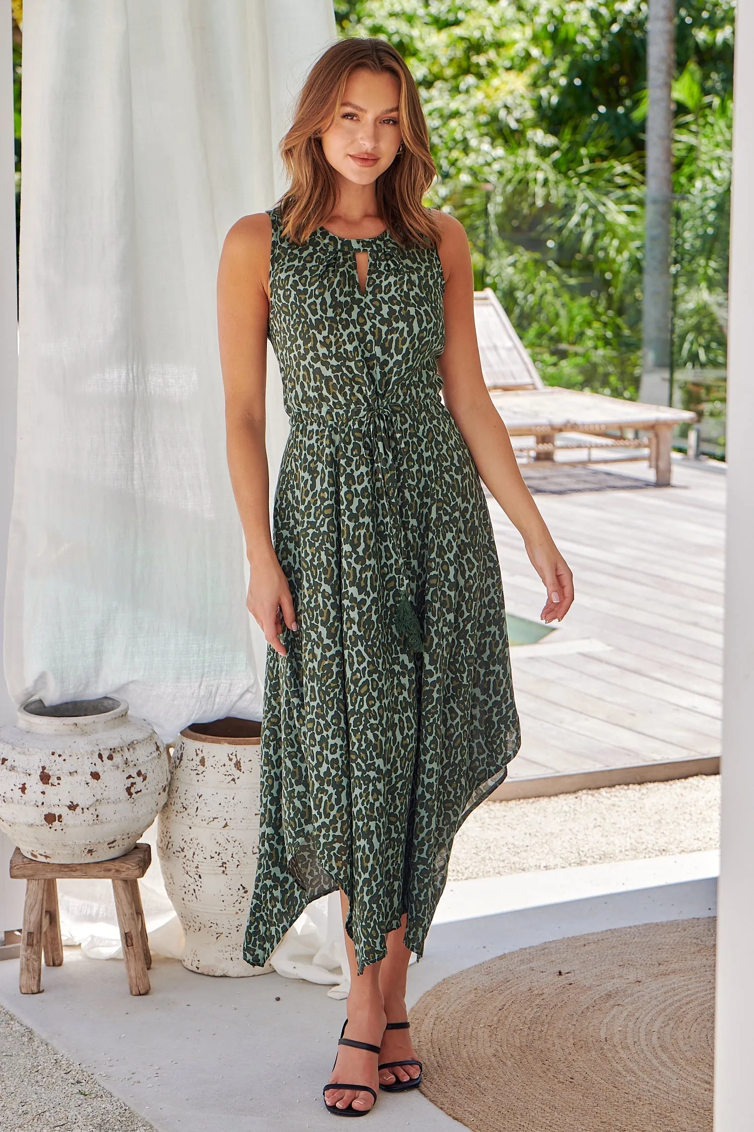 Addison Green Animal Print Tie Waist Midi Dress