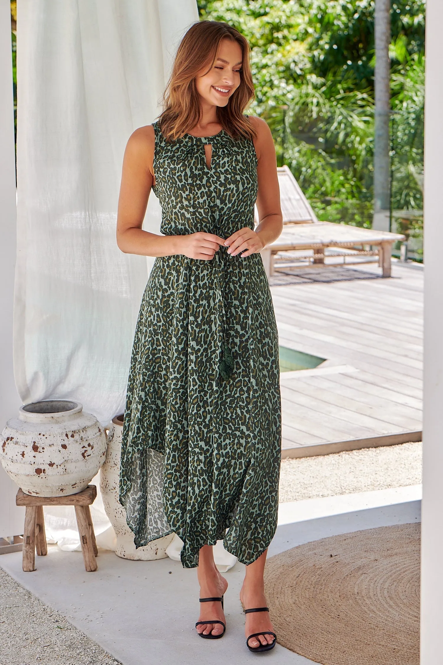 Addison Green Animal Print Tie Waist Midi Dress