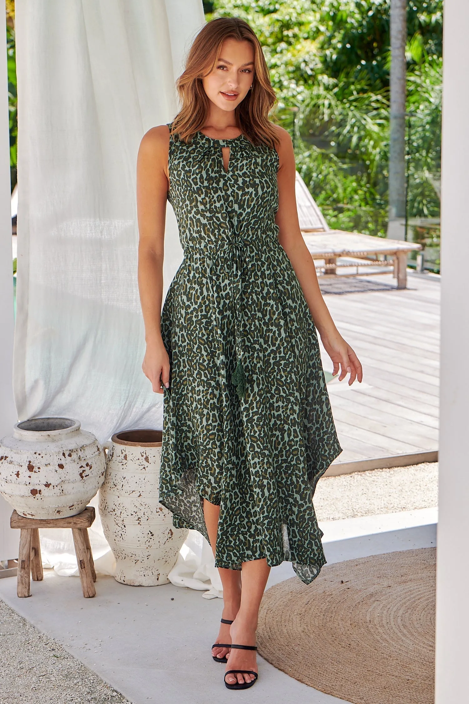 Addison Green Animal Print Tie Waist Midi Dress