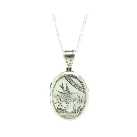 Antique Victorian Sterling Silver Bird Mourning Locket Necklace