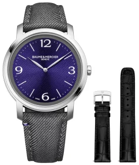 Baume & Mercier Classima Stainless Steel Violet Dial Gray Fabric Interchangeable Black Leather Strap Quartz Mens Watch M0A10706