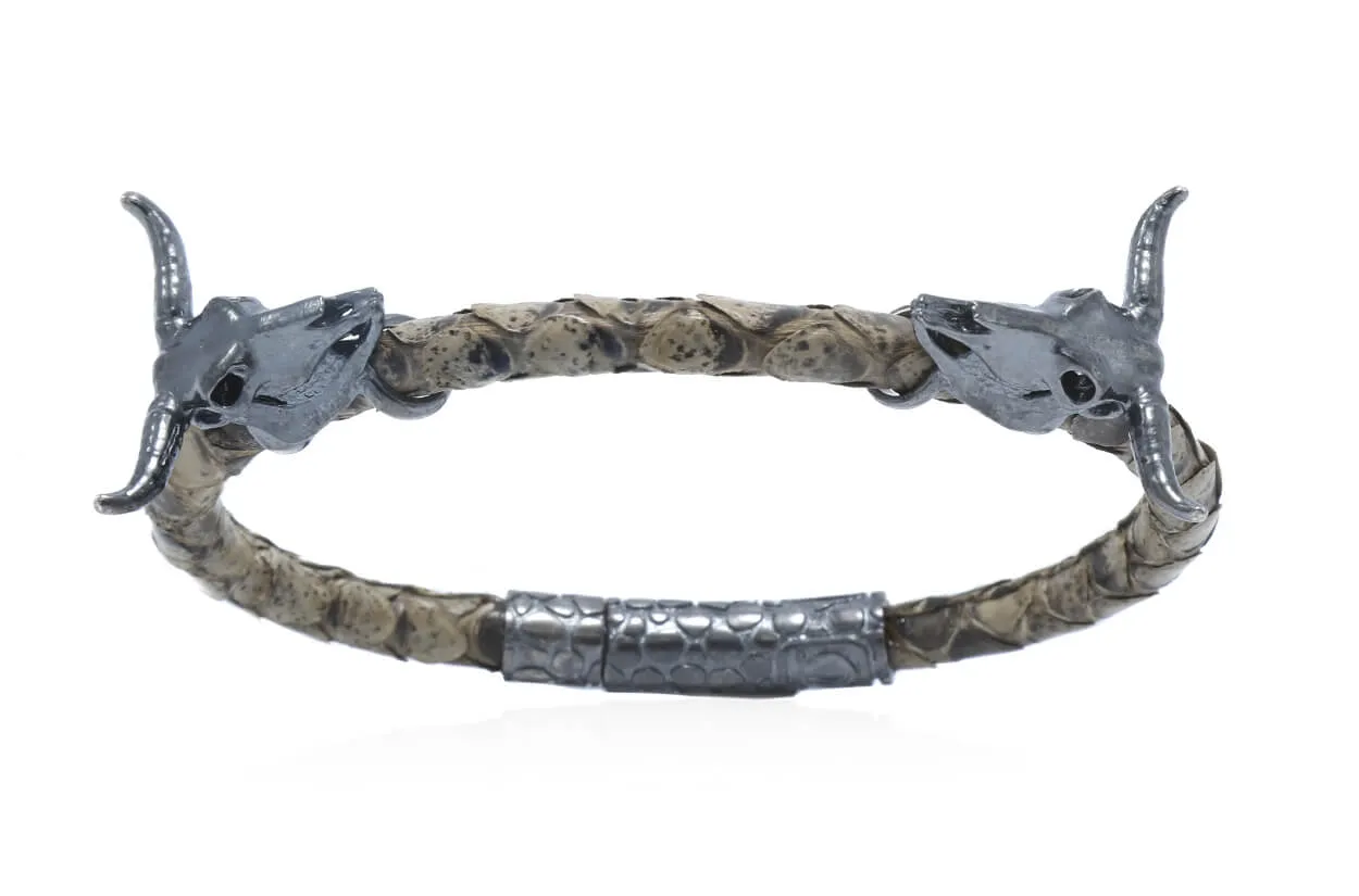 Bracelet LivingSkull Men Python Leather & Two Bull Skulls