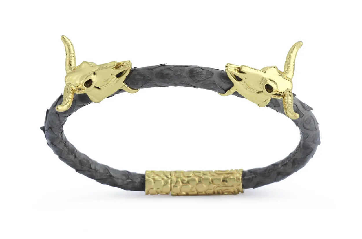 Bracelet LivingSkull Men Python Leather & Two Bull Skulls