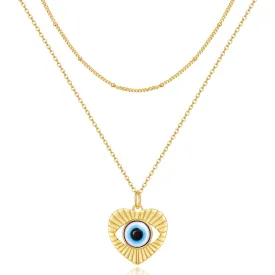 Dainty 14K Gold Layered Evil Eye Religious Necklace- Heart Shaped Blue Eyes Satellite