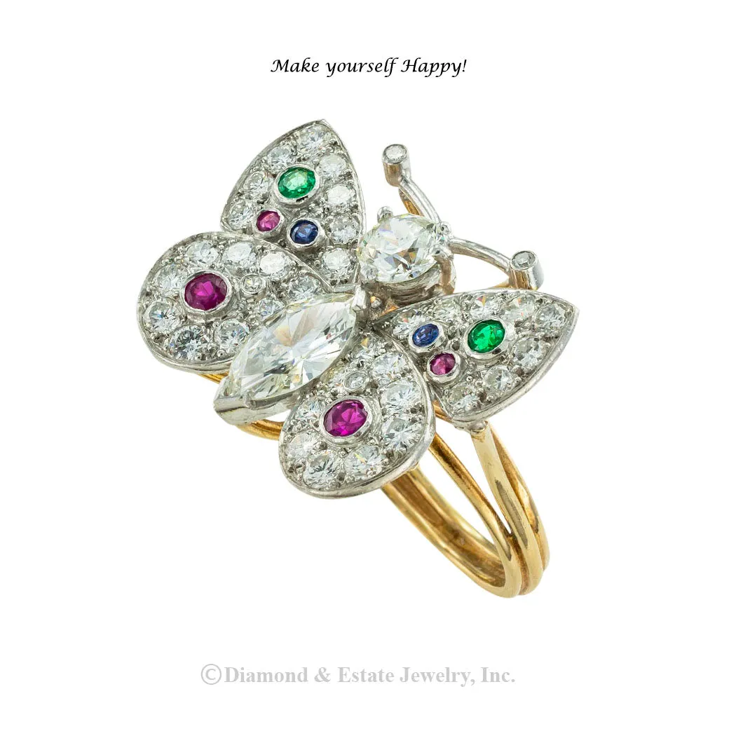 Diamond Emerald Ruby Sapphire Platinum Gold Butterfly Ring