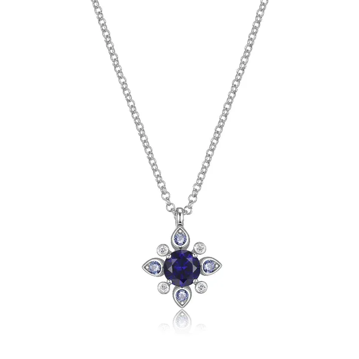 Elle Silver Sapphire and Diamond ( Lab Created) Pendant Necklace