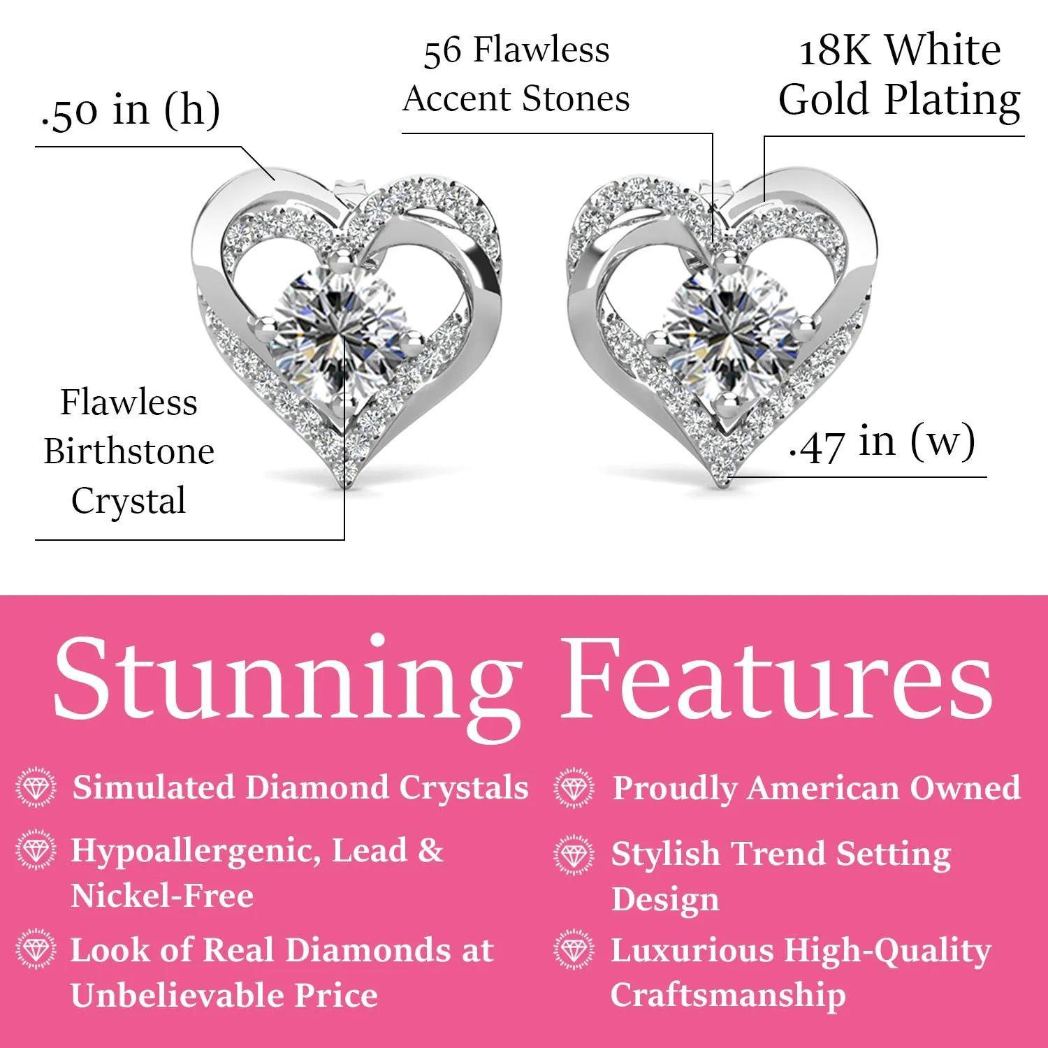 Forever April Birthstone Diamond Earrings, 18k White Gold Plated Silver Double Heart Crystal Earrings