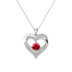 Forever July Birthstone Ruby Necklace, 18k White Gold Plated Silver Double Heart Crystal Necklace