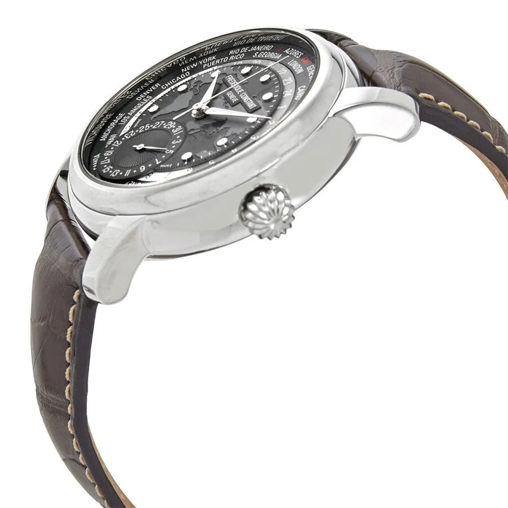 Frederique Constant Classic Worldtimer Automatic Mens Watch with Manufacture Movement, Grey Dial, and Brown Leather Strap