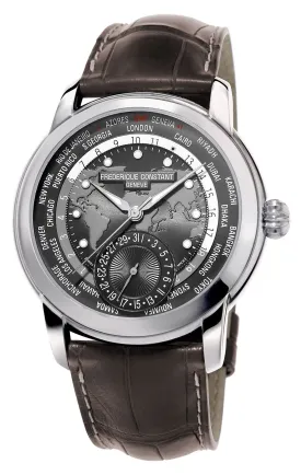 Frederique Constant Classic Worldtimer Automatic Mens Watch with Manufacture Movement, Grey Dial, and Brown Leather Strap