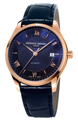 Frederique Constant Mens Classics Index Automatic Watch, Rose Gold-Tone Stainless Steel, Blue Dial with Date Display, Blue Leather Strap (Model: FC-303MN5B4)