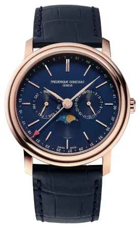 Frederique Constant Classics Index Business Timer Rose Gold Plated Blue Dial Blue Leather Strap Moonphase Day/Date/Week Quartz Mens Watch FC-270N4P4