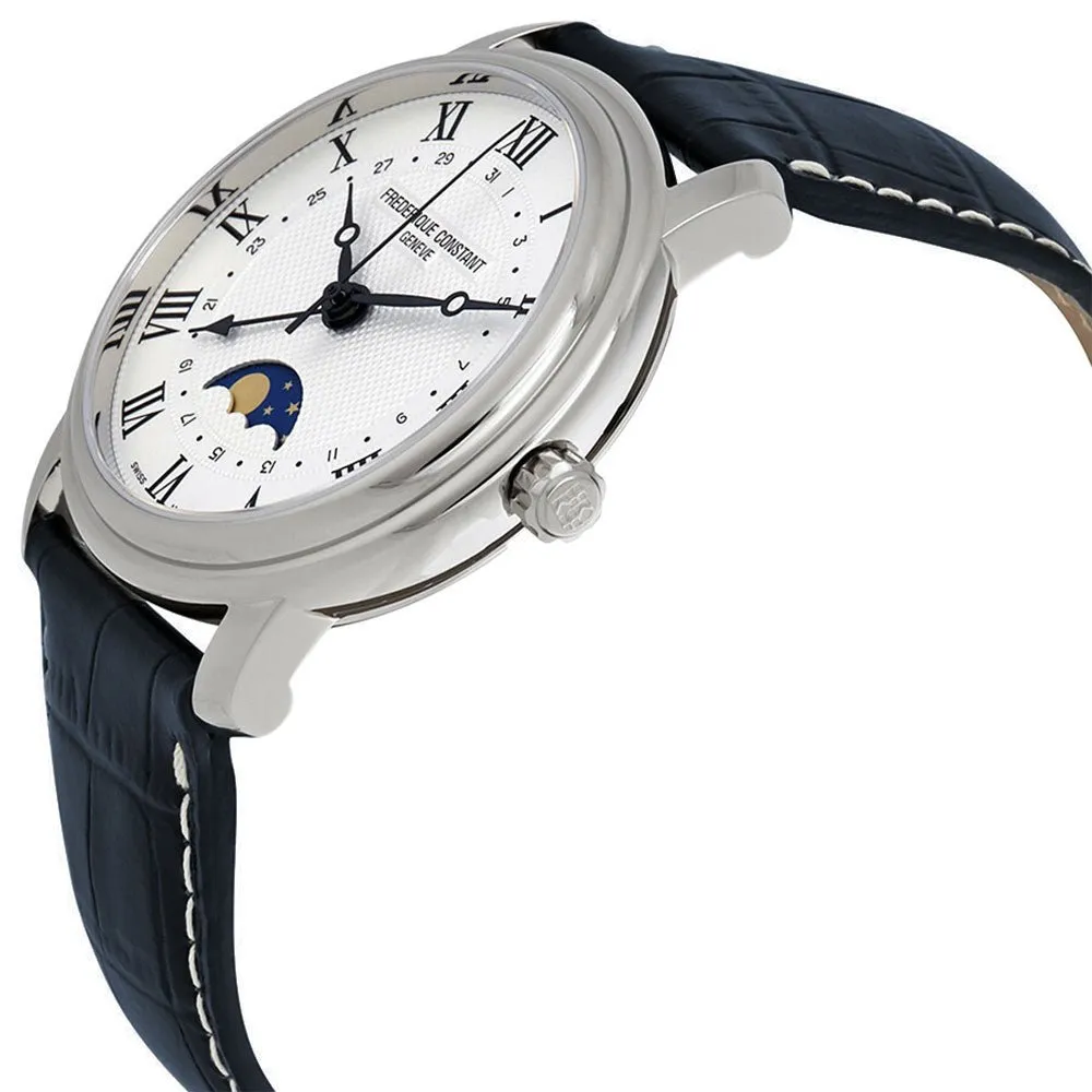 Frederique Constant Mens Moonphase Automatic Watch with Stainless Steel, Silver-Tone Dial & Blue Leather Strap - Date Feature Model FC-330MC4P6