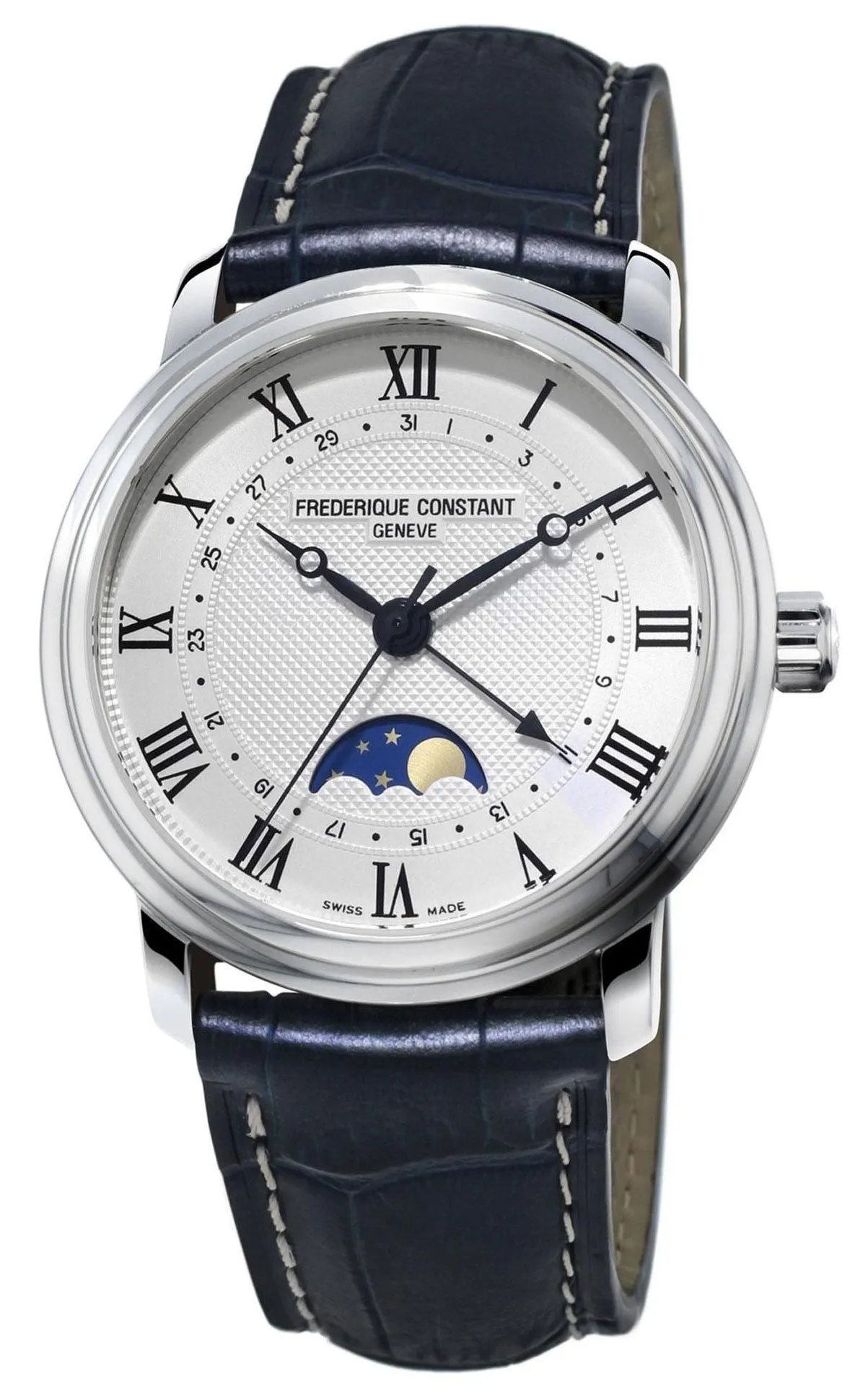 Frederique Constant Mens Moonphase Automatic Watch with Stainless Steel, Silver-Tone Dial & Blue Leather Strap - Date Feature Model FC-330MC4P6