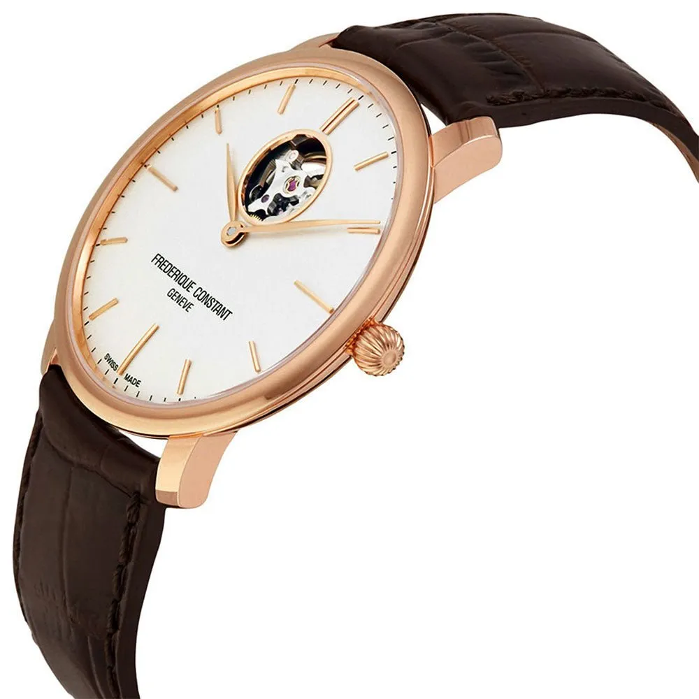 Mens Frederique Constant Slimline Heart Beat Automatic Watch with Silver Dial and Brown Leather Strap - FC-312V4S4