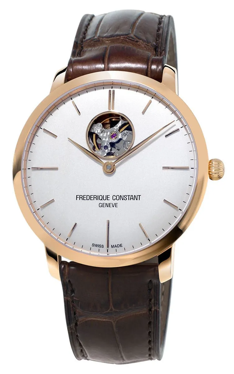 Mens Frederique Constant Slimline Heart Beat Automatic Watch with Silver Dial and Brown Leather Strap - FC-312V4S4