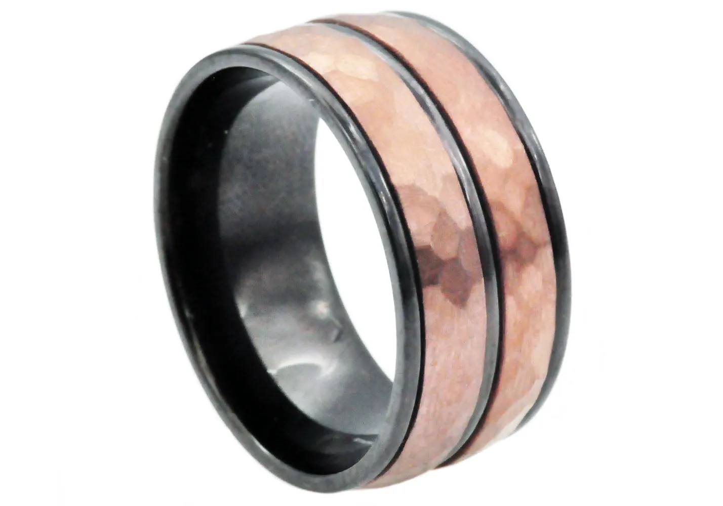 Mens 10mm Black And Chocolate Stainless Steel Hammered Ring