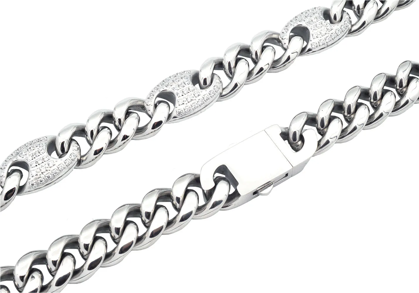 Mens 10mm Stainless Steel Mariner Curb Chain Necklace With Cubic Zirconia