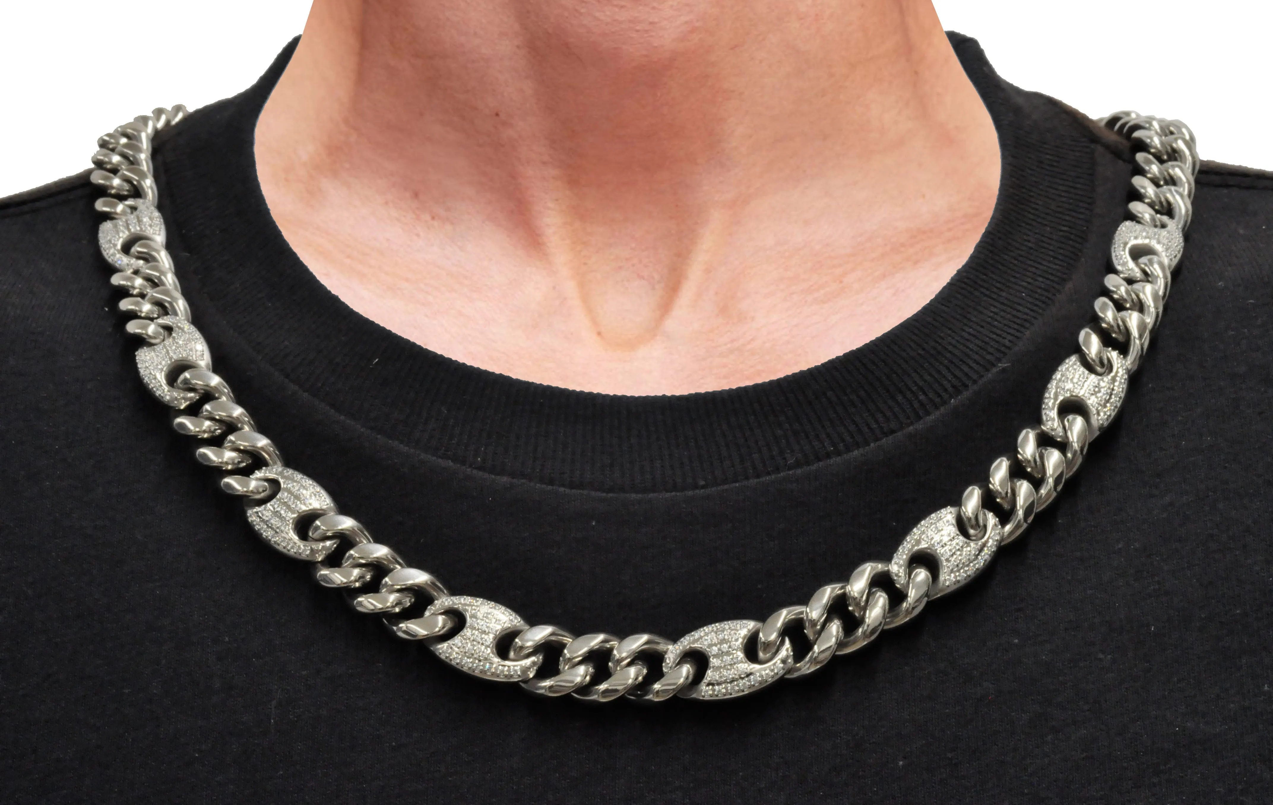 Mens 10mm Stainless Steel Mariner Curb Chain Necklace With Cubic Zirconia