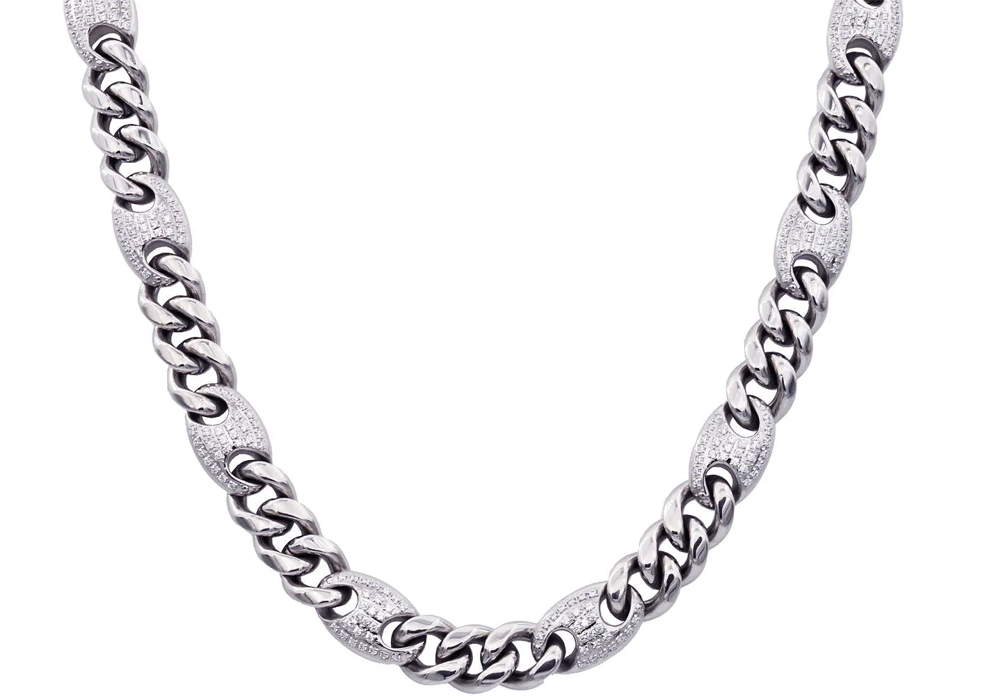 Mens 10mm Stainless Steel Mariner Curb Chain Necklace With Cubic Zirconia