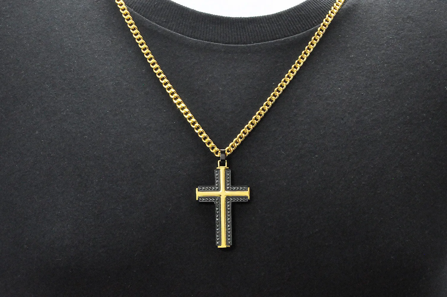 Mens Black And Gold Stainless Steel Cross Pendant Necklace With Black Cubic Zirconia