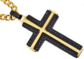 Mens Black And Gold Stainless Steel Cross Pendant Necklace With Black Cubic Zirconia