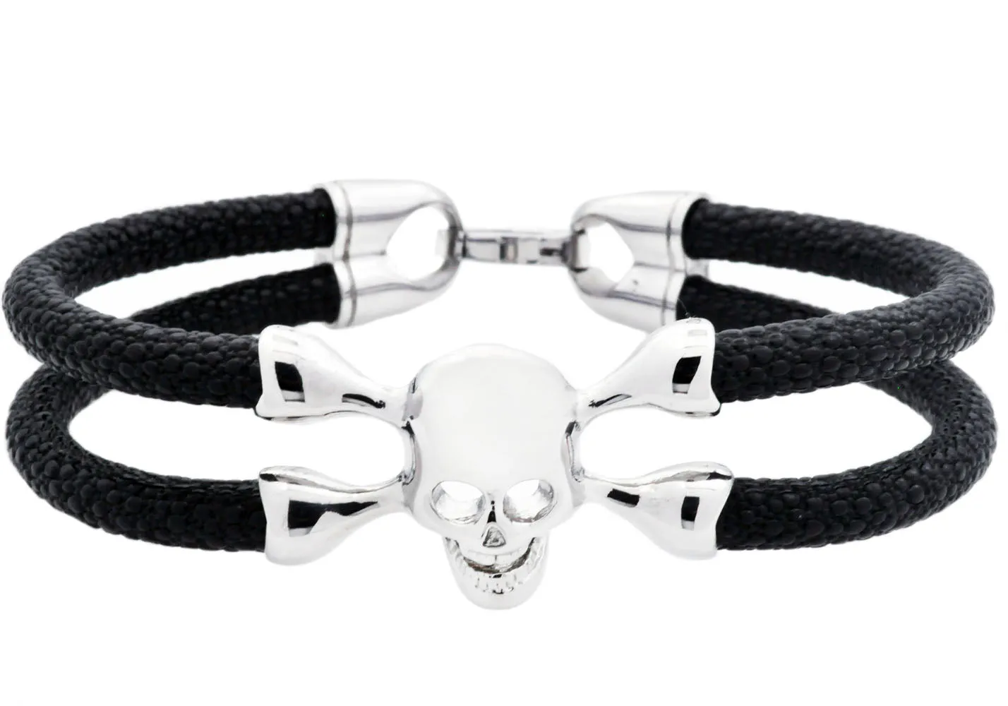 Mens Black Leather And Stainless Steel Skull Bracelet