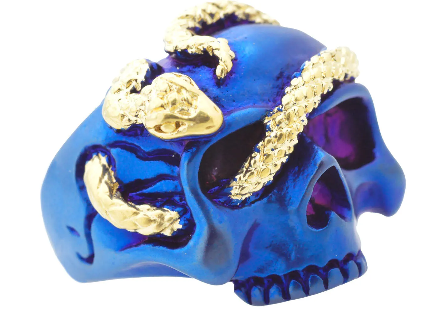 Mens Blue And Gold Stainless Steel Skull And Snake Ring