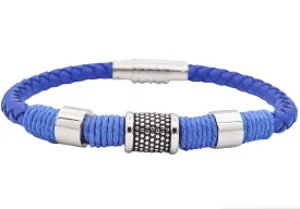 Mens Blue Leather Stainless Steel Bracelet