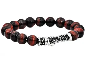 Mens Genuine Red Tiger Eye Stainless Steel Beaded Bracelet