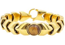 Mens Genuine Tiger Eye Gold Stainless Steel Bracelet