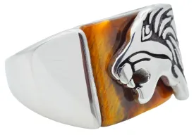 Mens Genuine Tiger Eye Stainless Steel Lion Ring